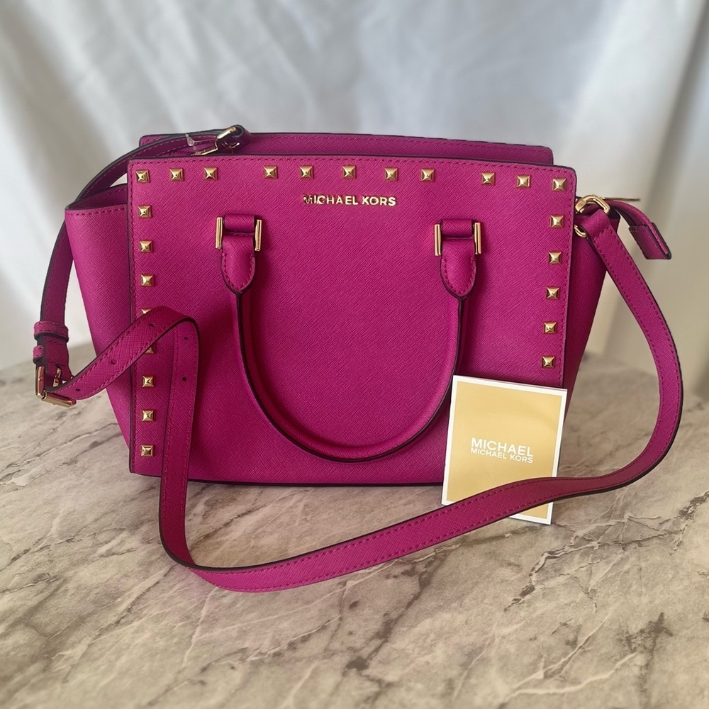 Nwt Michael Kors Medium Selma Saffino Leather Studded Satchel, Hot Pink